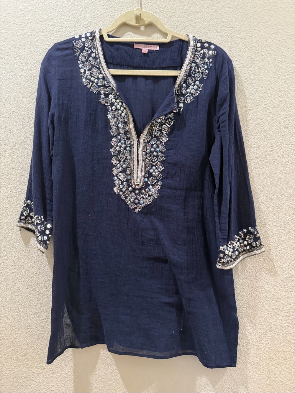 Calypso St. Barth Navy Embellished Beaded Tunic Cover Up Size S